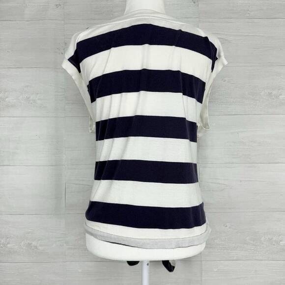 Anthropologie Maeve Tie Front Wrap Tee Shirt Size L Navy White Rugby Striped - Picture 7 of 14